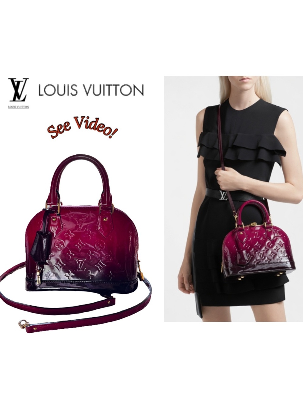Louis Vuitton LV Monogram Vernis Patent Leather Alma BB Magenta Ombre with COA